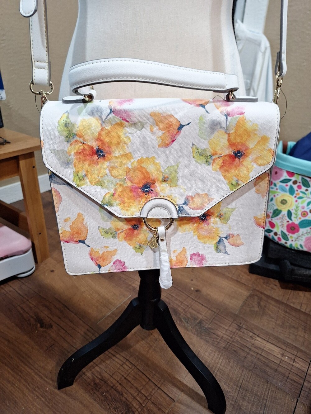 Nanette Lepore-NWT White Floral Crossbody Bag with Gold Ring Detail